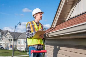 Home inspector standing on a ladder and providing a roof inspections to the roof of a house.