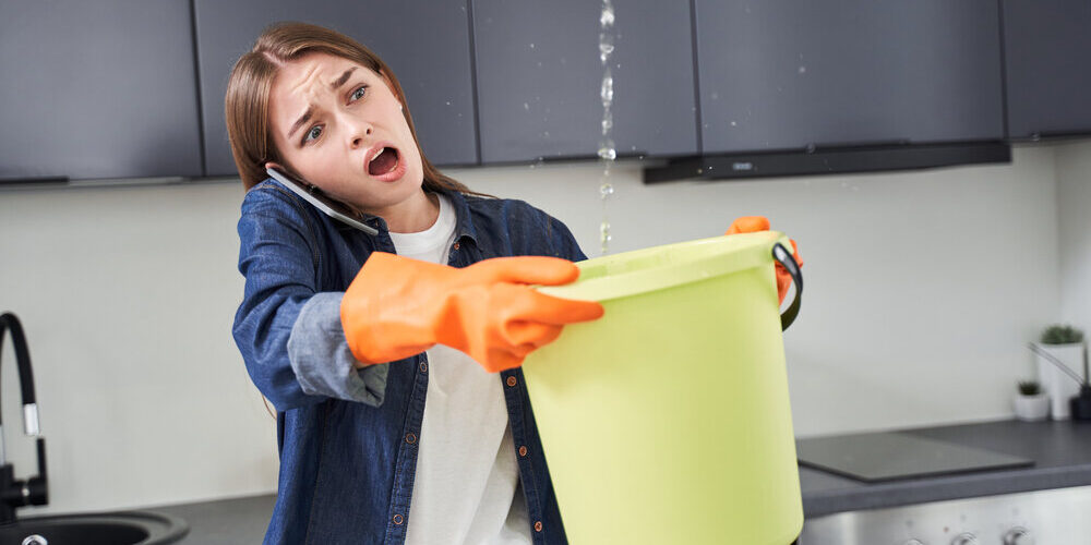 Roof Leak Repair. Woman holding bucket to catch water leaking from roof. Roof Leak Repair. Woman holding bucket to catch water leaking from roof.