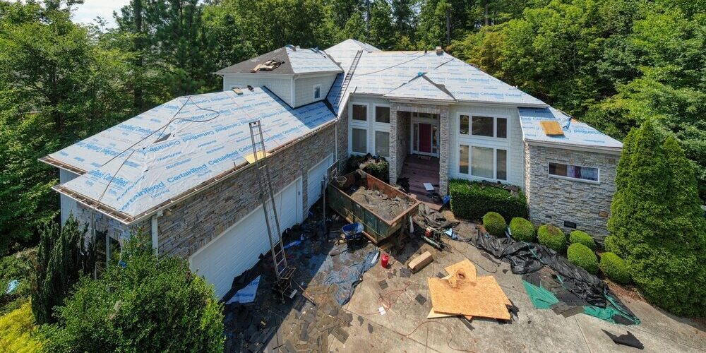 Godfrey Roofing, Residential Roof Replacement- Drone View. Godfrey Roofing, Residential Roof Replacement- Drone View.