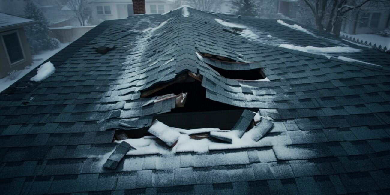 High,Resolution,Photograph,Of,A,Residential,Roof,,There,Is,A Winter Roof Damage. Photograph Of A Residential Roof Damaged by winter storm.