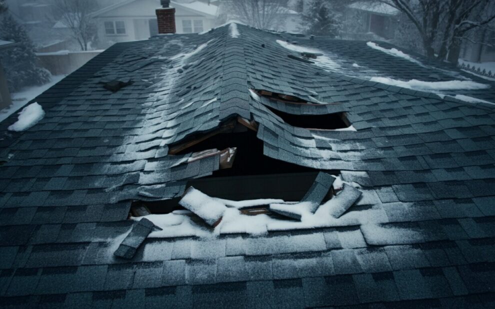 Winter Roof Damage. Photograph Of A Residential Roof Damaged by winter storm.