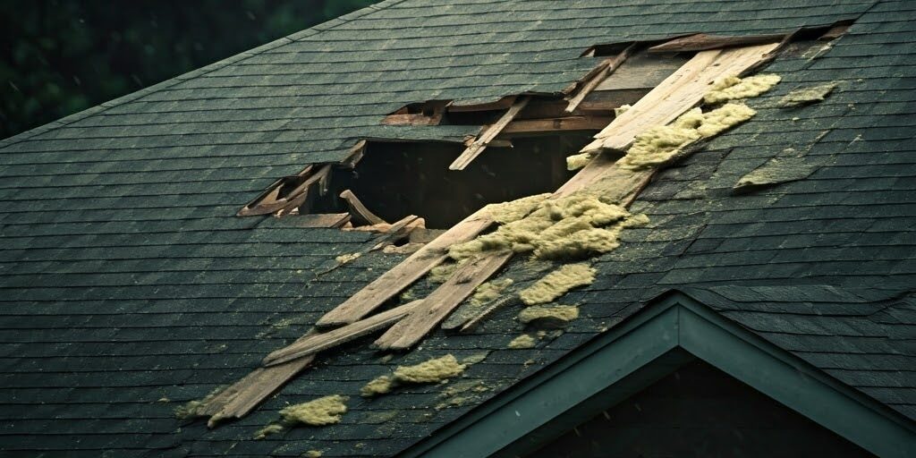 shutterstock_2548725343 (1) Winter Damage Ottawa Roofing Experts. middle class house roof; damage bursting out of hole in the roof; debris; boards sticking out.
