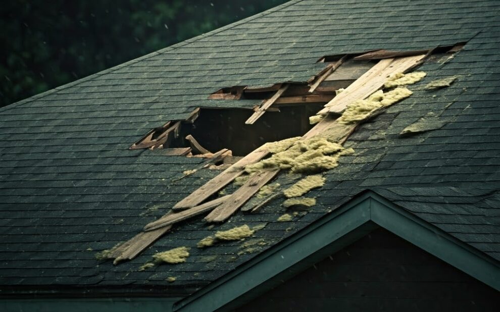 Winter Damage Ottawa Roofing Experts. middle class house roof; damage bursting out of hole in the roof; debris; boards sticking out.