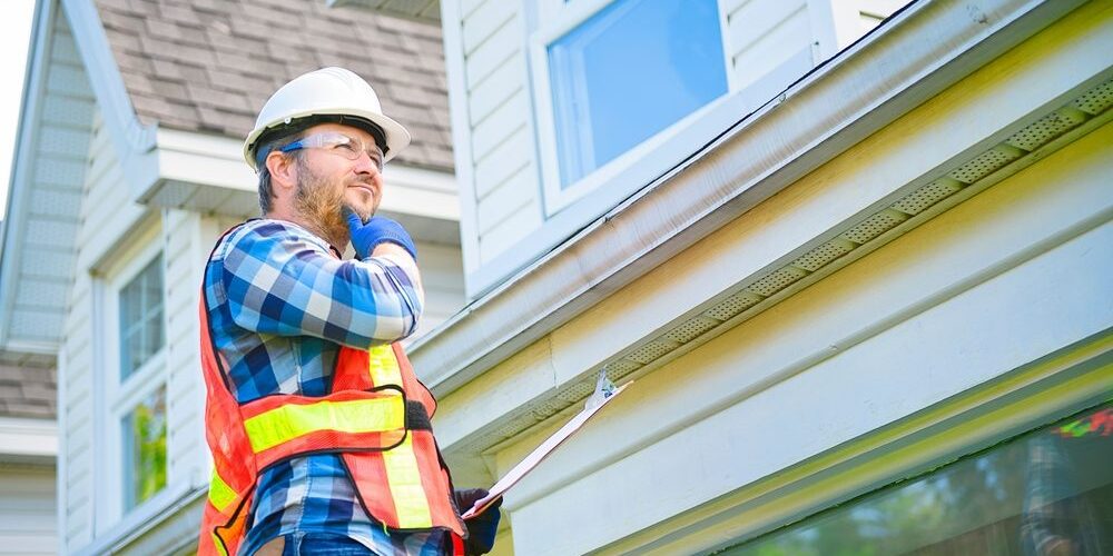 Why Seasonal Roof Inspections Are Critical Before Winter Hits. A man with hard hat standing on steps inspecting house roof.