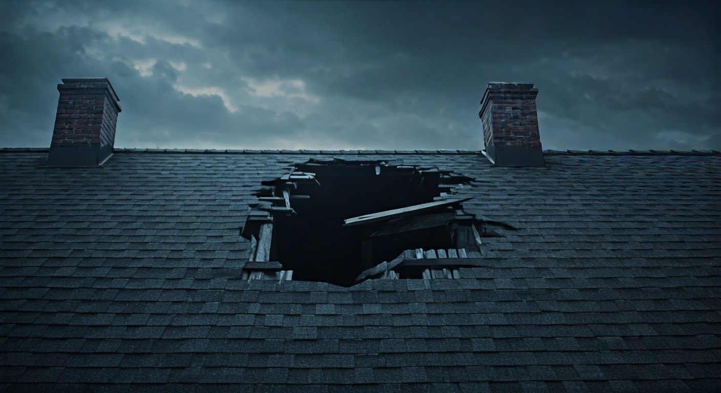 Understanding Your Roof’s Warranty & Winter Damage Coverage. Winter Storm Roof Damage. high resolution photograph of a residential roof, there is a hole in the roof like something fell through it, winter, cinematic lighting.
