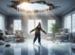 How To Handle A Winter Roof Leak in Ottawa: A Homeowner's Guide? in a living room: through a leaking roof, water has accumulated on the floor, which is frozen into an ice surface in winter. A child skates on it with pleasure.
