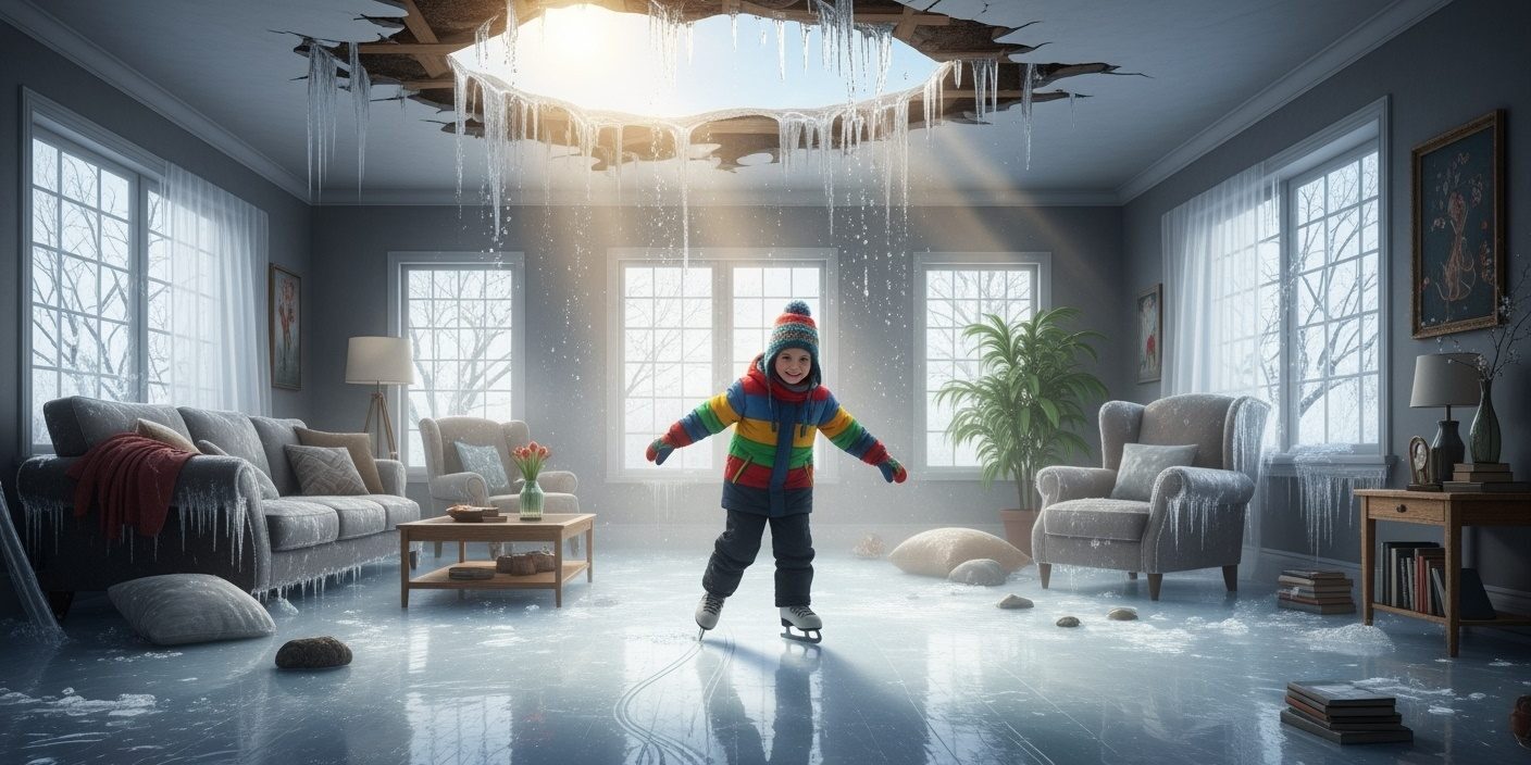 How To Handle A Winter Roof Leak in Ottawa: A Homeowner's Guide? in a living room: through a leaking roof, water has accumulated on the floor, which is frozen into an ice surface in winter. A child skates on it with pleasure.