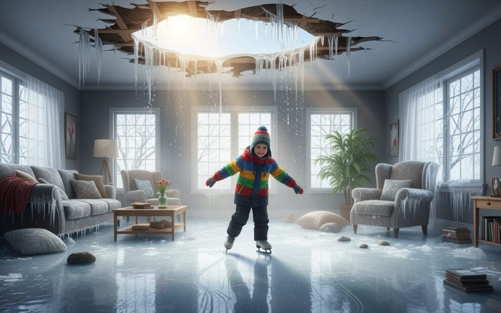 How To Handle A Winter Roof Leak in Ottawa: A Homeowner's Guide? in a living room: through a leaking roof, water has accumulated on the floor, which is frozen into an ice surface in winter. A child skates on it with pleasure.