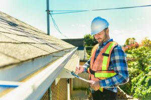 Finding the Best Roofing Contractors Near You: A Guide for Ottawa. A man with hard hat standing on steps inspecting house roof.