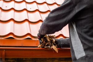 How to Identify When Your Ottawa Roof Needs Repair: A Homeowner’s Guide. Close-up of hands in gloves removing dry brown leaves from a roof gutter. gutter cleaning, roof maintenance, autumn service. autumn.